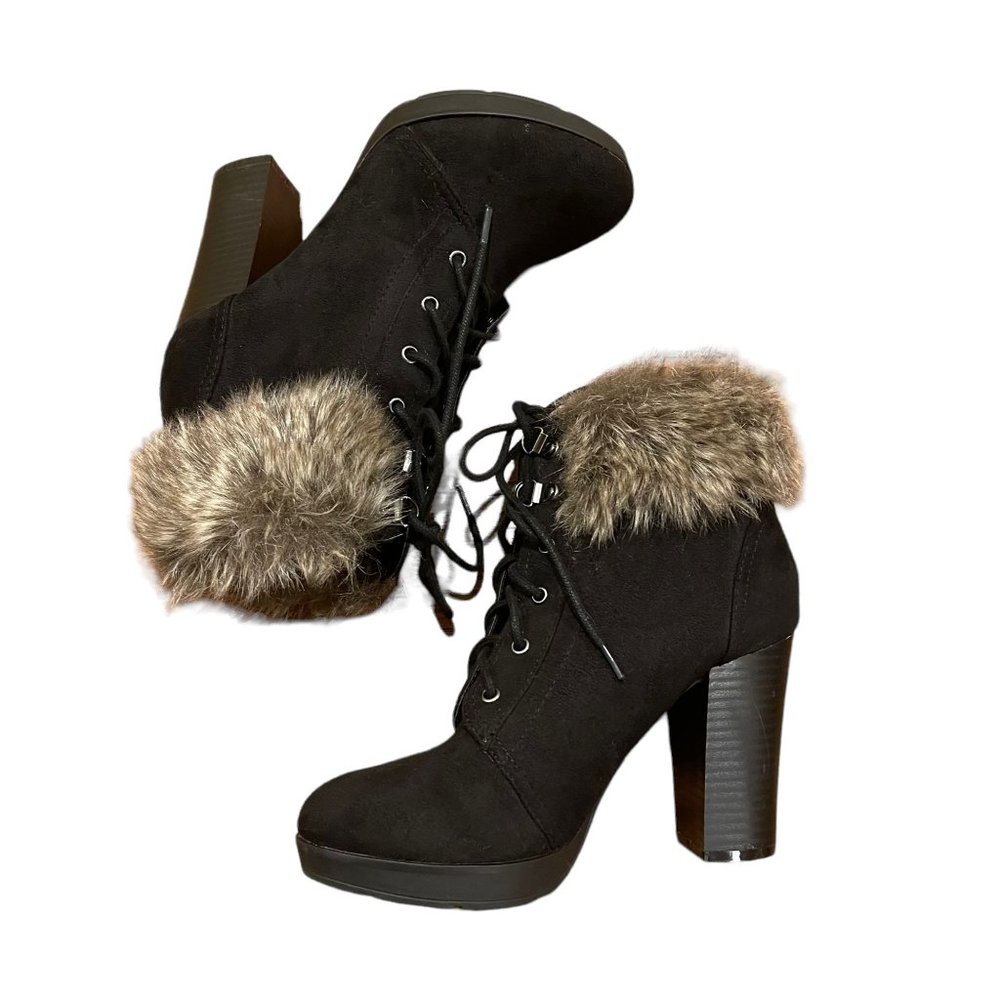 Charlotte Russe Black & Gray Faux Fur Lace Up Heels Size 6